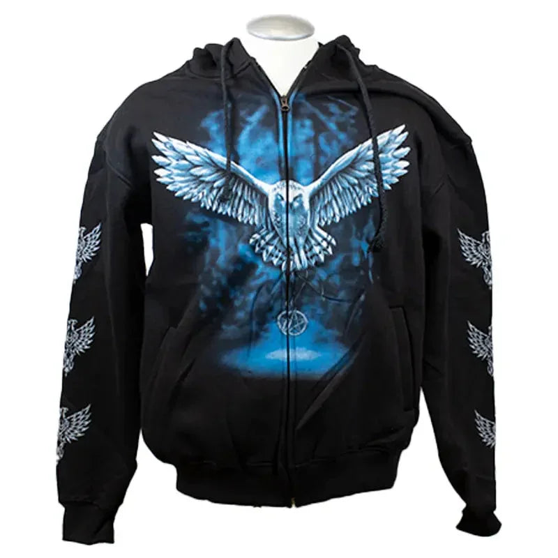 Men's black zip-up hoodie with a blue and white owl graphic on the front and sleeves.