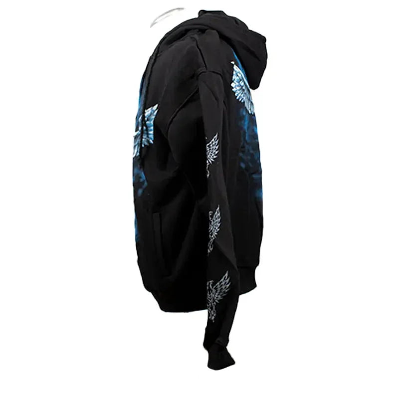 Black men's zip-up hoodie with blue and white owl wing graphics on sleeves and side