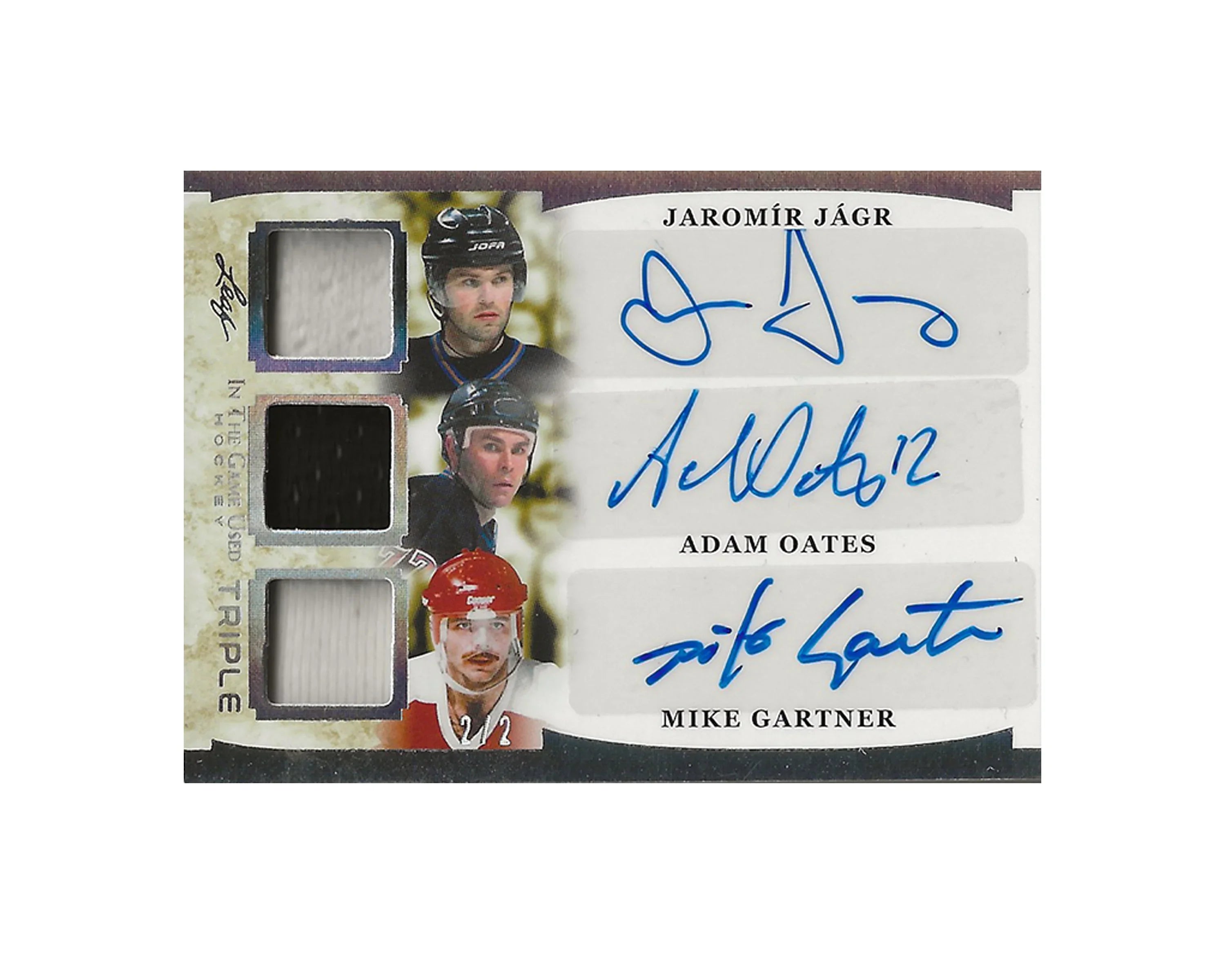 Hockey trading card with autographs, player photos, and three game-used jersey swatches.