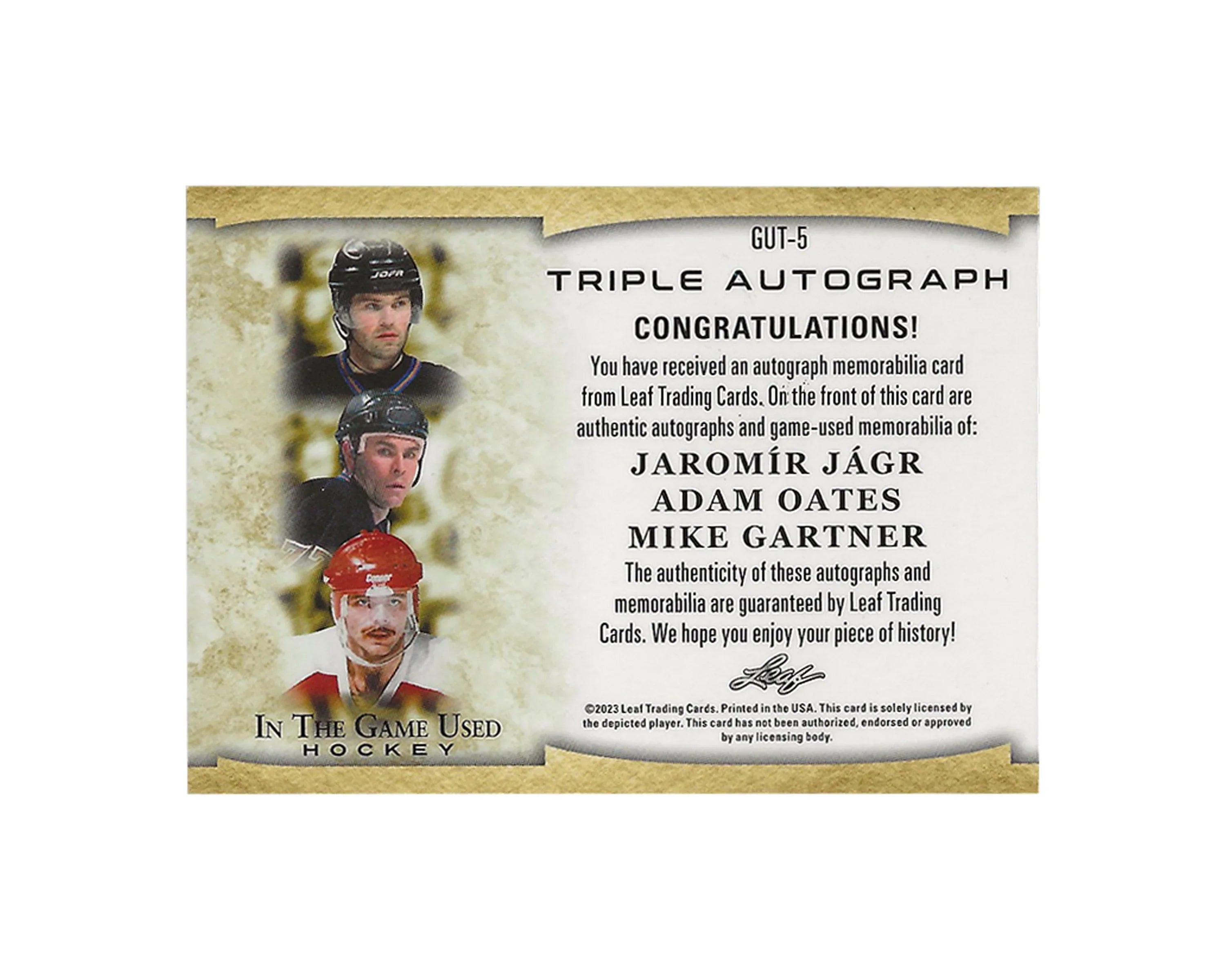 Leaf Trading Cards triple autograph hockey memorabilia card with player photos and certificate text