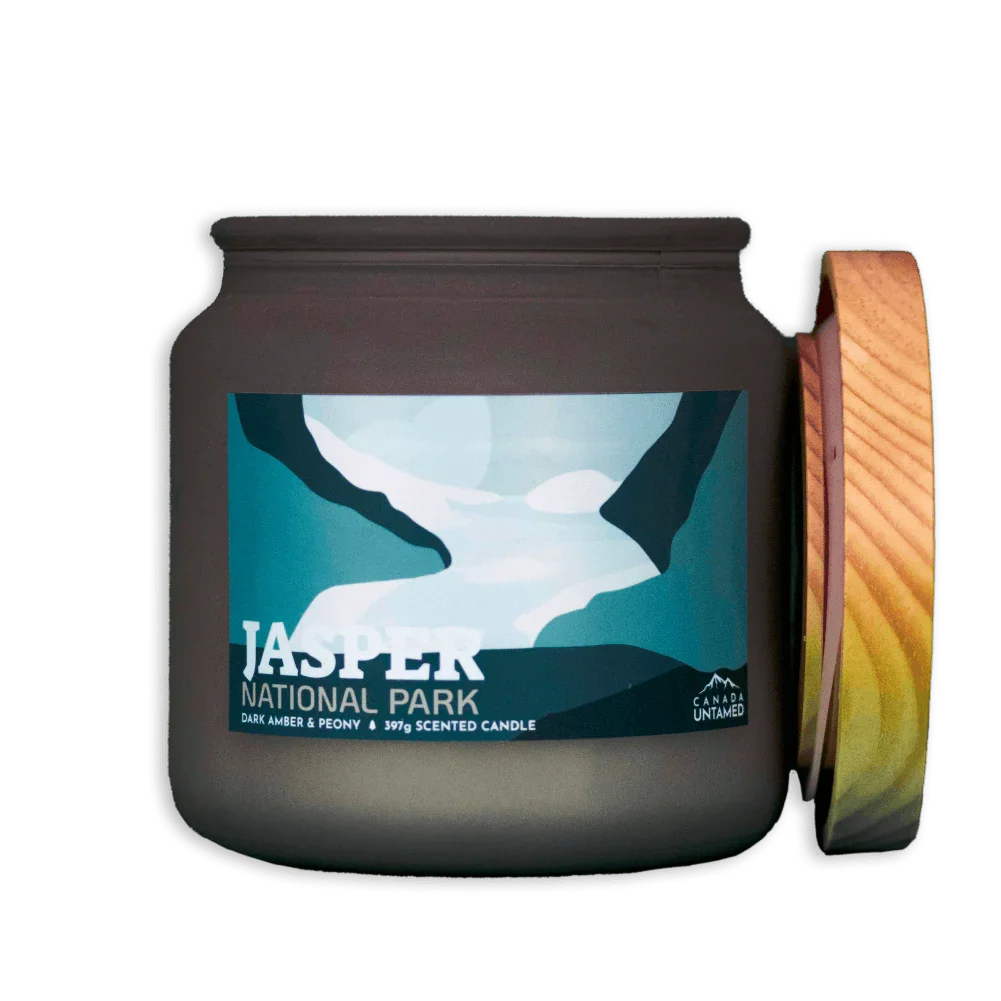 Jasper National Park dark amber peony scented candle with mountain landscape label