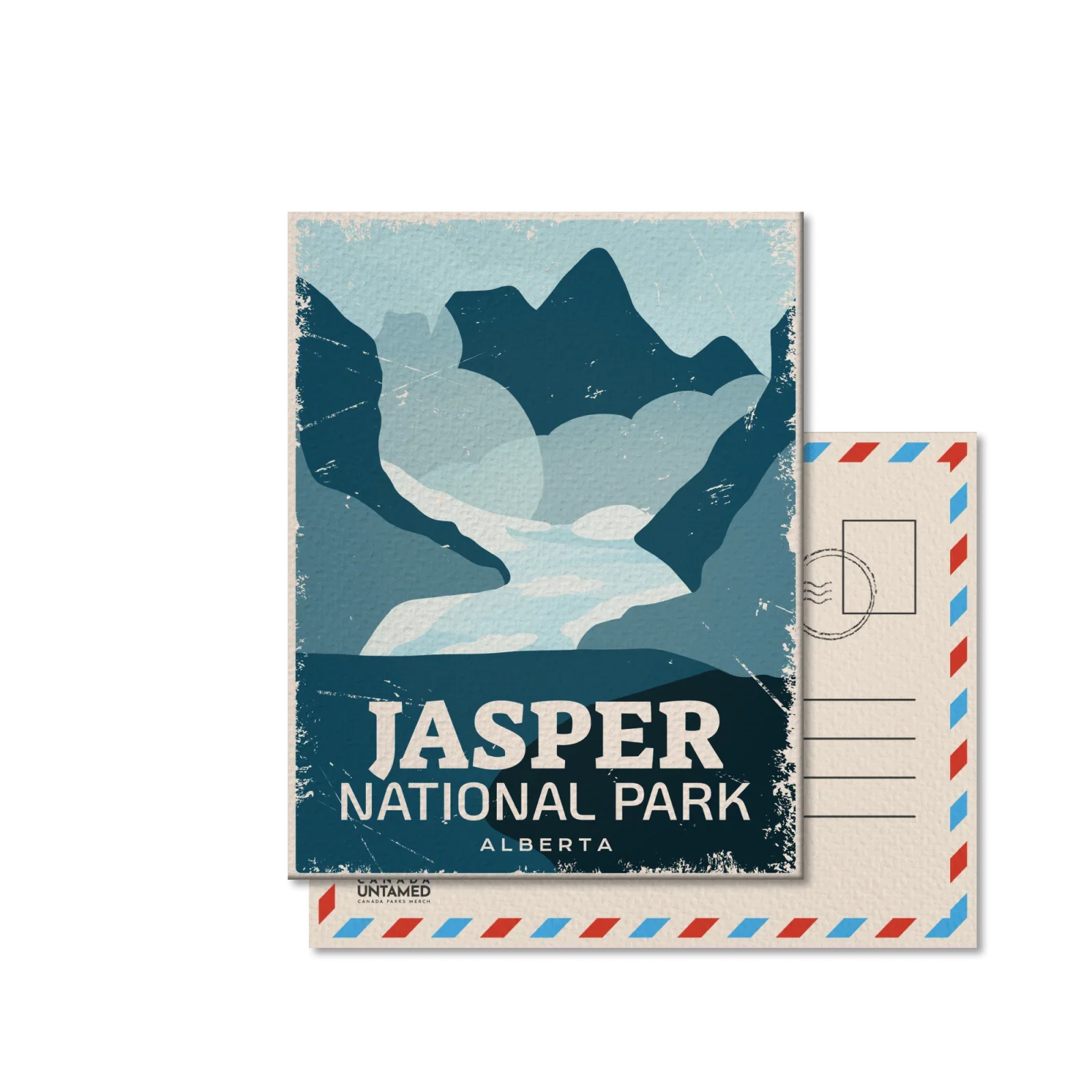 Vintage Jasper National Park Alberta postcard with blue mountains, river, and retro border