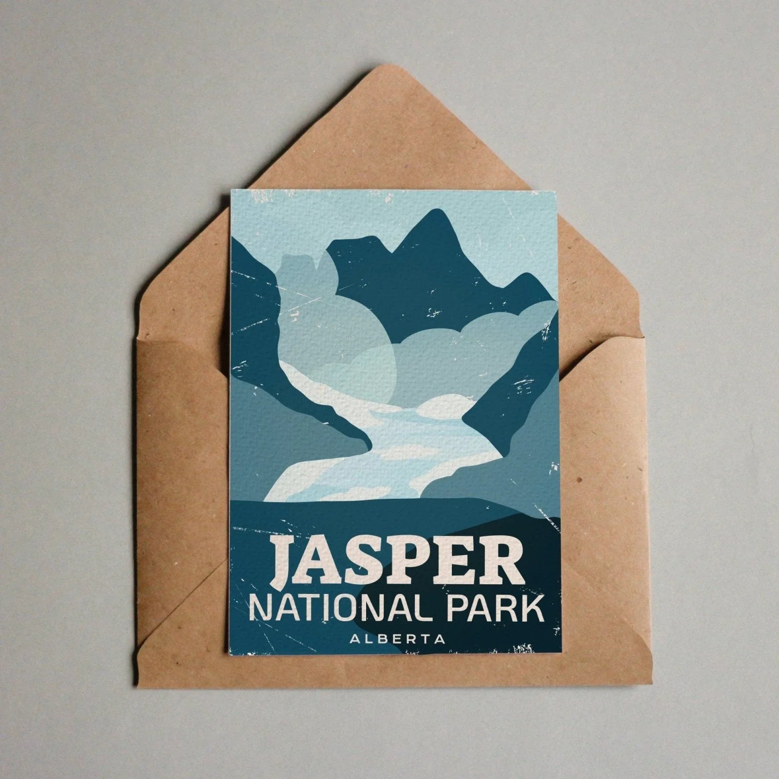 Jasper National Park postcard with stylized mountains and river, Alberta, Canada