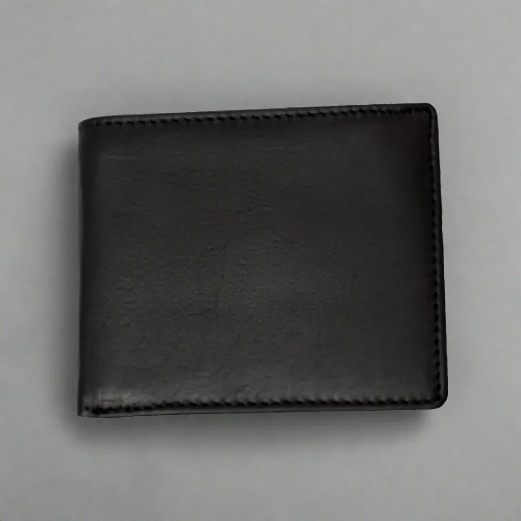 Men's black leather bifold wallet with smooth finish on a plain background