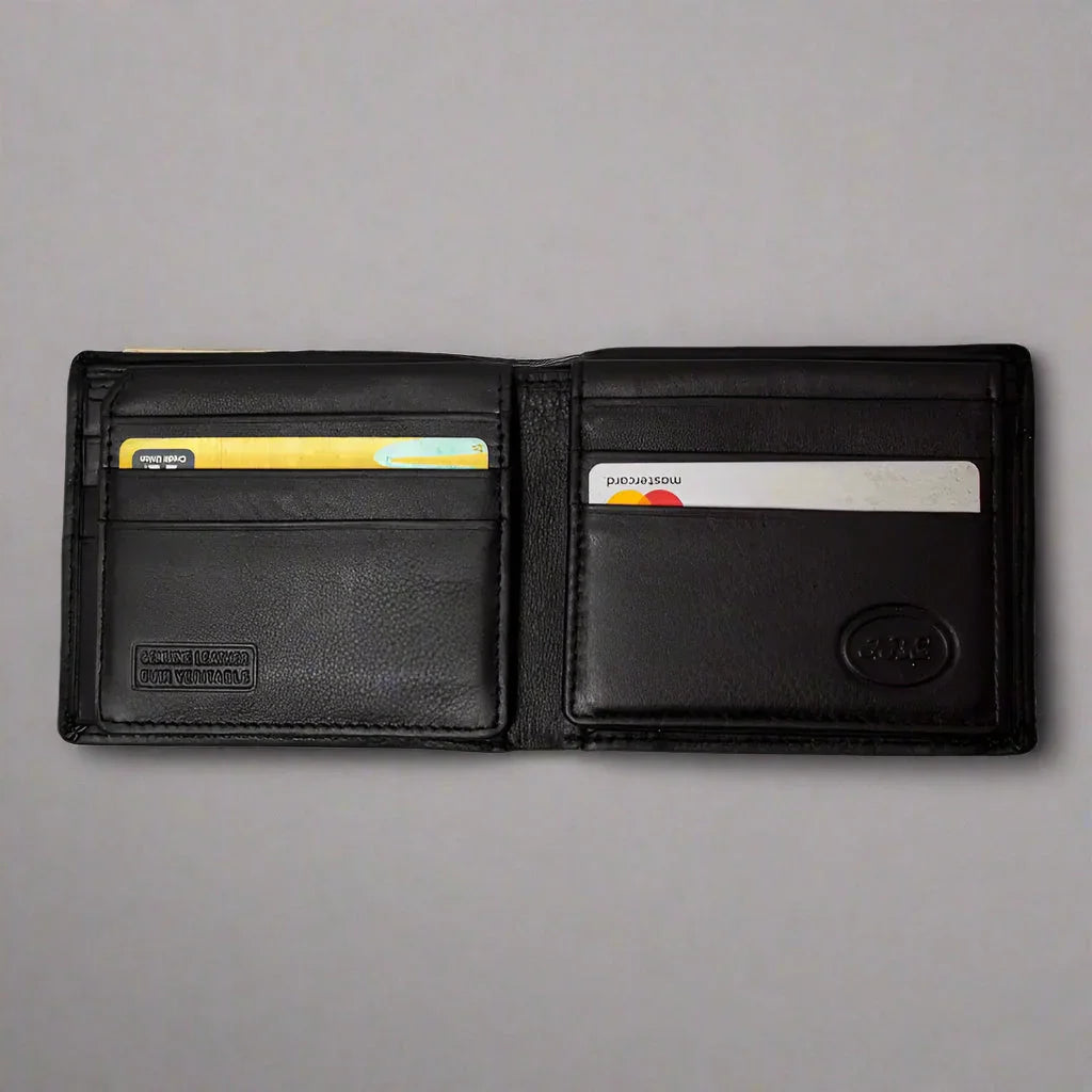 Black leather RFID bifold wallet for men with card slots and credit cards on gray background
