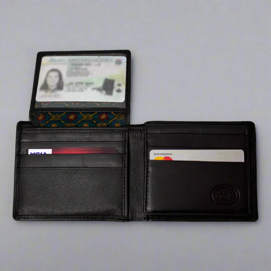 Black bifold leather RFID wallet for men with card slots and flip-up ID window