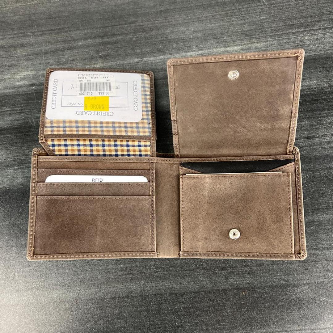 Open brown leather wallet with card slots, ID window, and coin pocket on dark surface