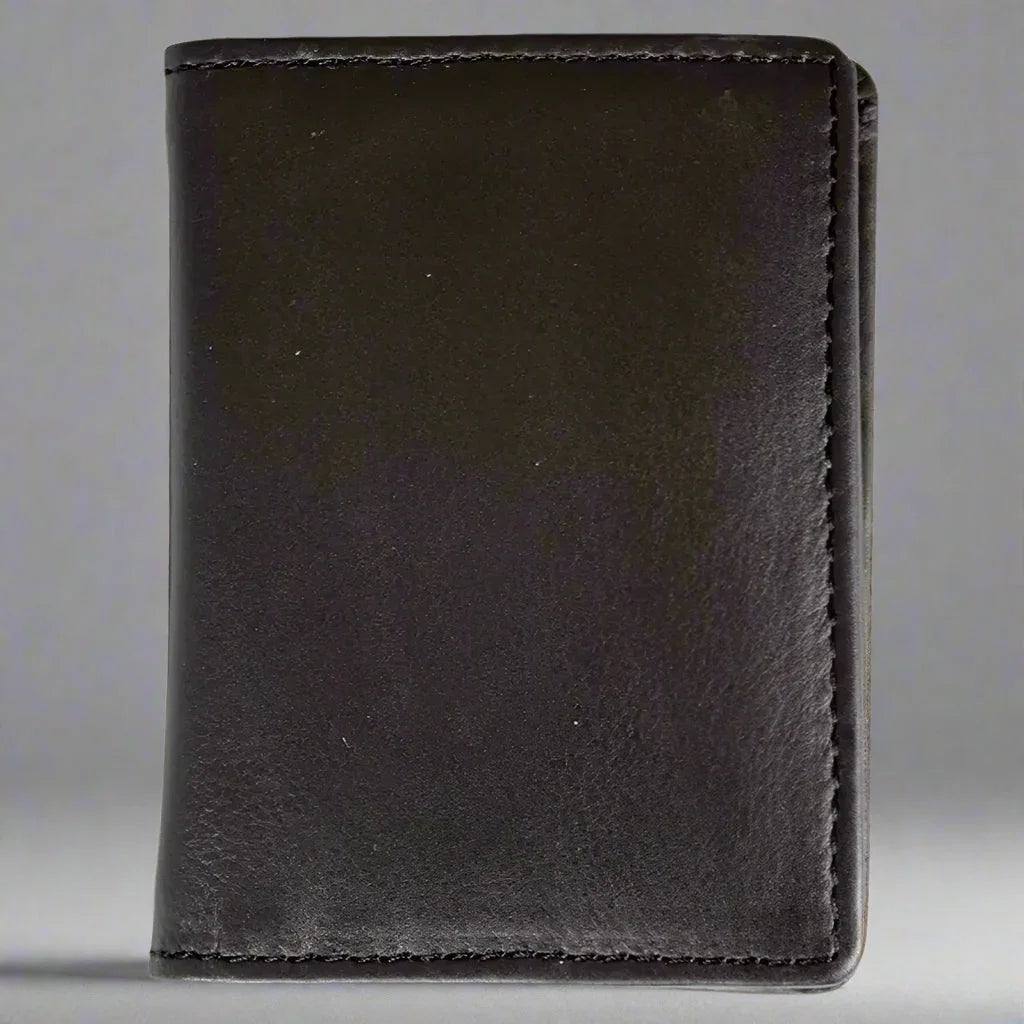 Men’s black leather bifold wallet with visible stitching on plain background