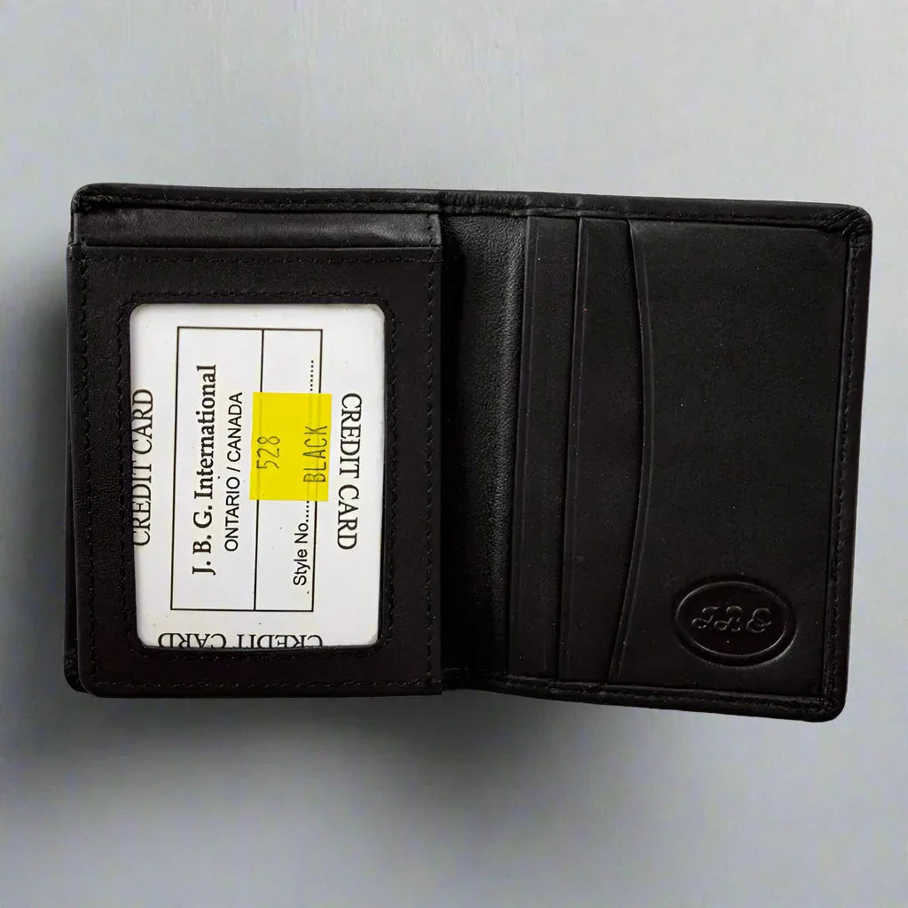 Black leather men's bifold wallet with flip-up ID window and multiple card slots