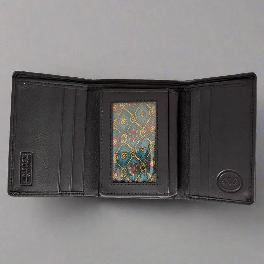 Open black leather trifold men's wallet with ID window and card slots on gray background