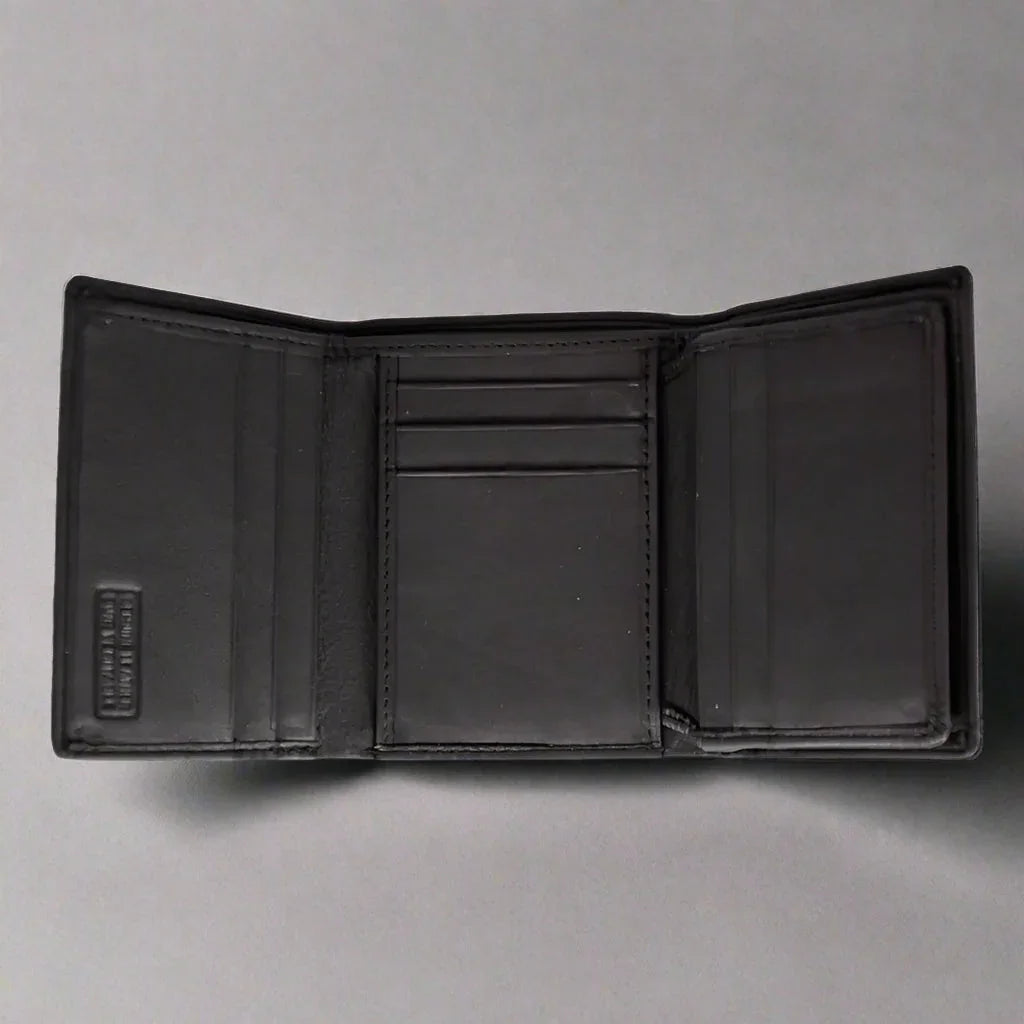Open black men's trifold leather wallet with multiple card slots on gray background