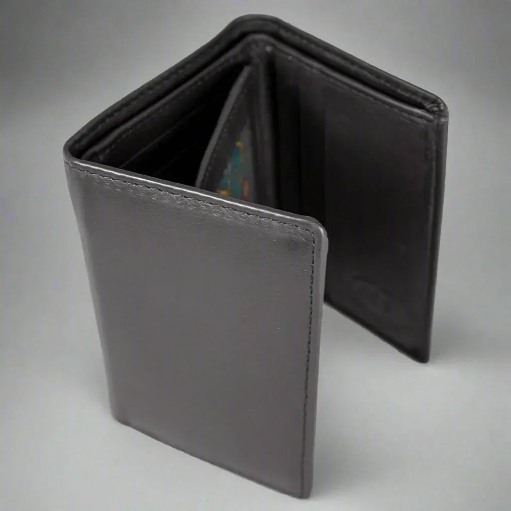 Men's black leather trifold wallet with flip-up ID slot on gray background