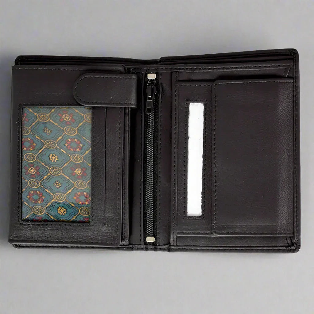 Men's black trifold leather wallet with snap closure, ID window, zipper pocket, and card slots