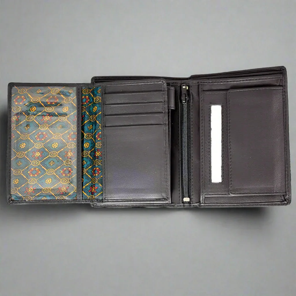Men's snap-close trifold leather wallet open showing card slots, zipper pocket, ID window