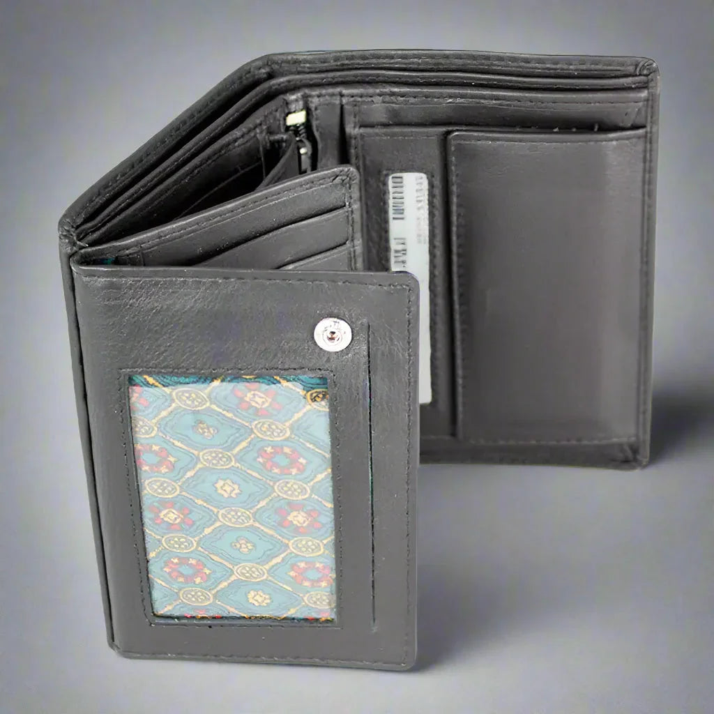 Men's black trifold leather wallet with snap closure, multiple card slots, and ID window