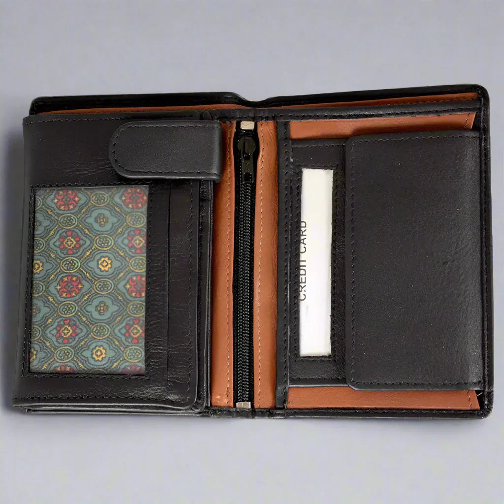 Men's black trifold leather wallet with snap close, ID window, zipper pocket, and card slot