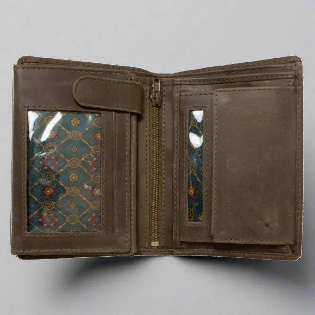 Brown leather wallet open, showing zippered pocket and clear ID card slots
