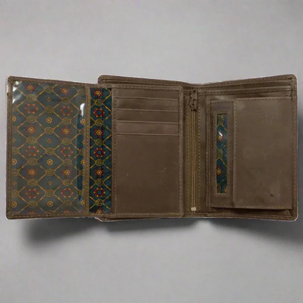 Open brown wallet with card slots, zipper pocket, and patterned interior design