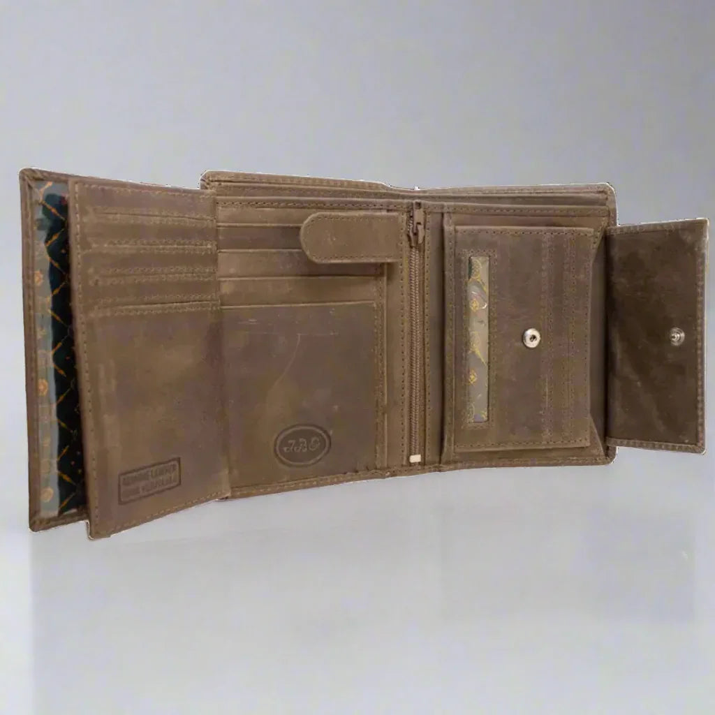 Brown leather trifold wallet with card slots, zipper pocket, snap coin pouch, patterned lining