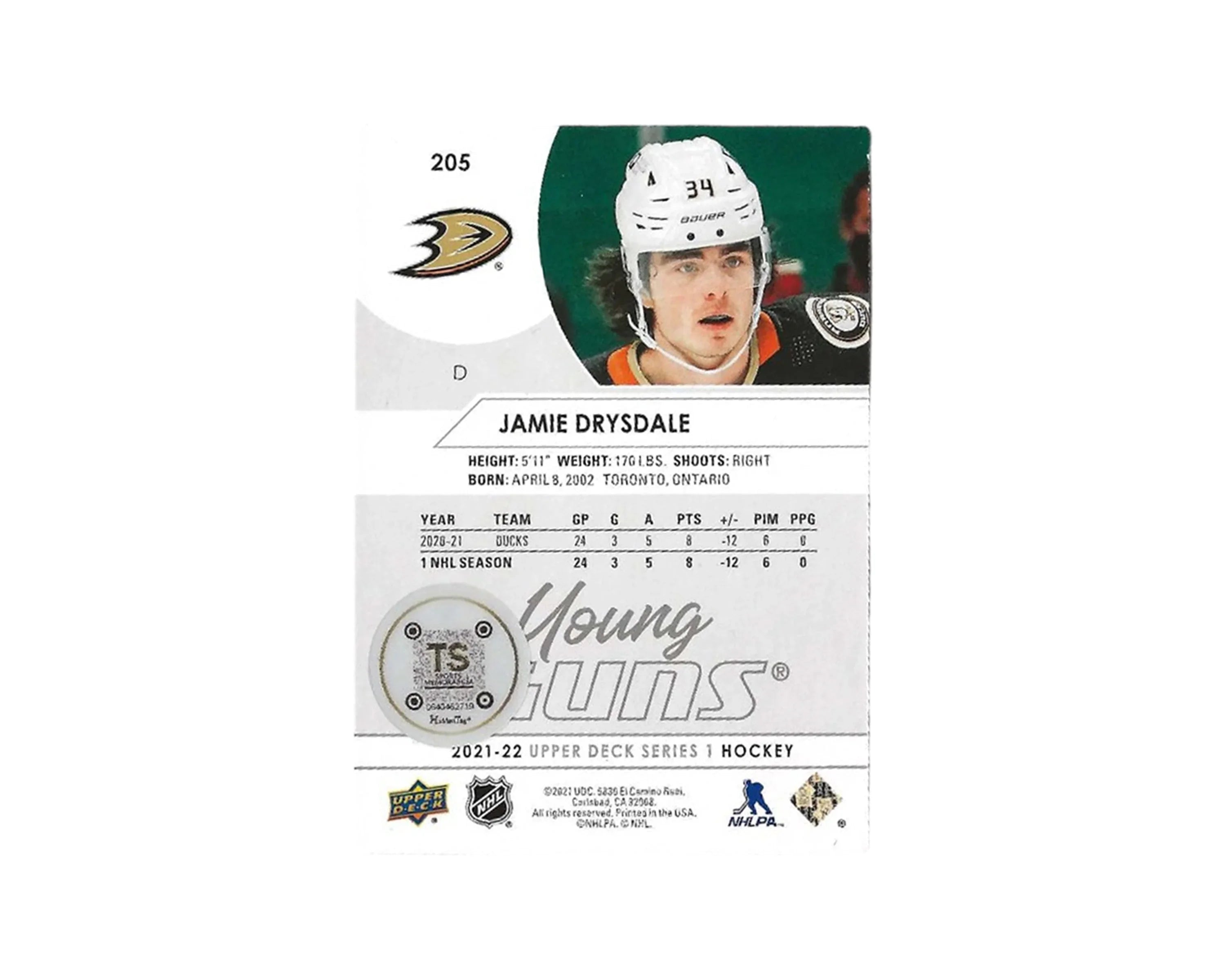 Jamie Drysdale Autographed 2021-22 Upper Deck Young Guns #205 Hockey Card - Image 2