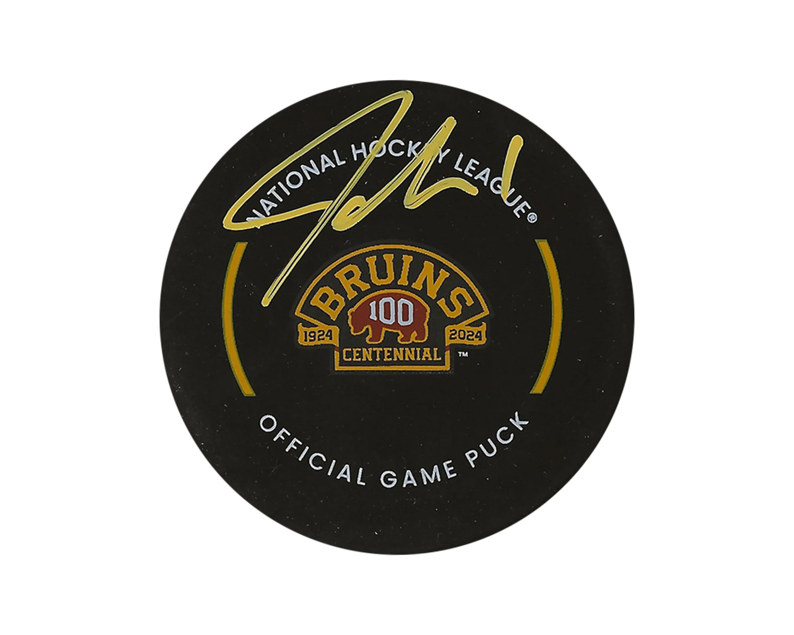 Boston Bruins Centennial 100th Anniversary official game puck with gold autograph