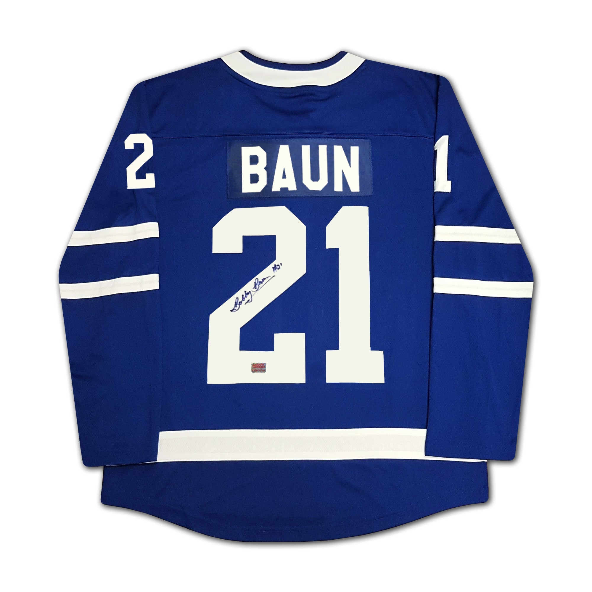 BOBBY BAUN AUTOGRAPHED BLUE TORONTO MAPLE LEAFS JERSEY - Image 2