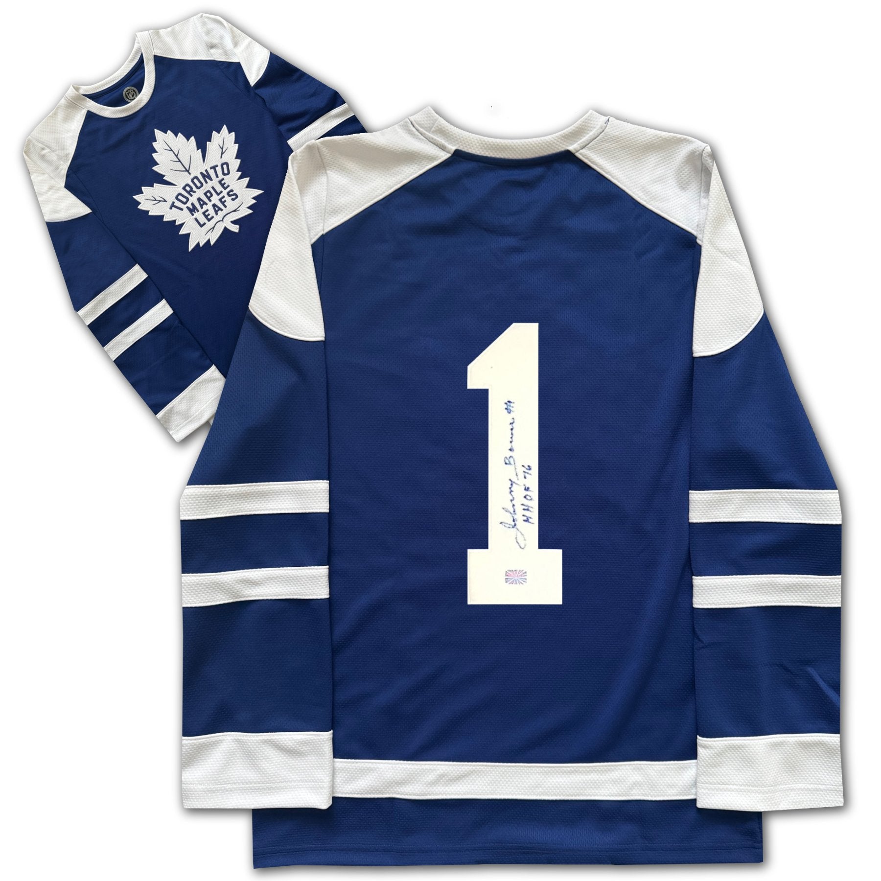TORONTO HOCKEY LICENSED FAN COLLECTIBLE JERSEY AUTOGRAPHED BY JOHNNY BOWER BLUE HOCKEY STYLE TOP ADULT UNISEX SIZE X-LARGE