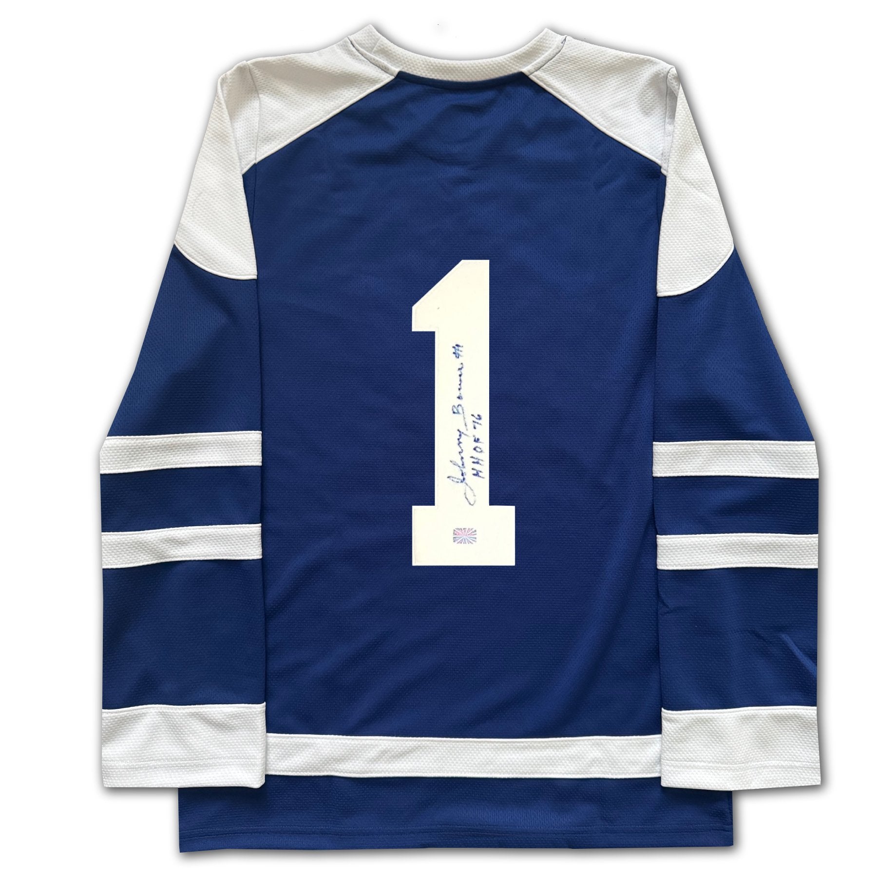 TORONTO HOCKEY LICENSED FAN COLLECTIBLE JERSEY AUTOGRAPHED BY JOHNNY BOWER BLUE HOCKEY STYLE TOP ADULT UNISEX SIZE X-LARGE - Image 2
