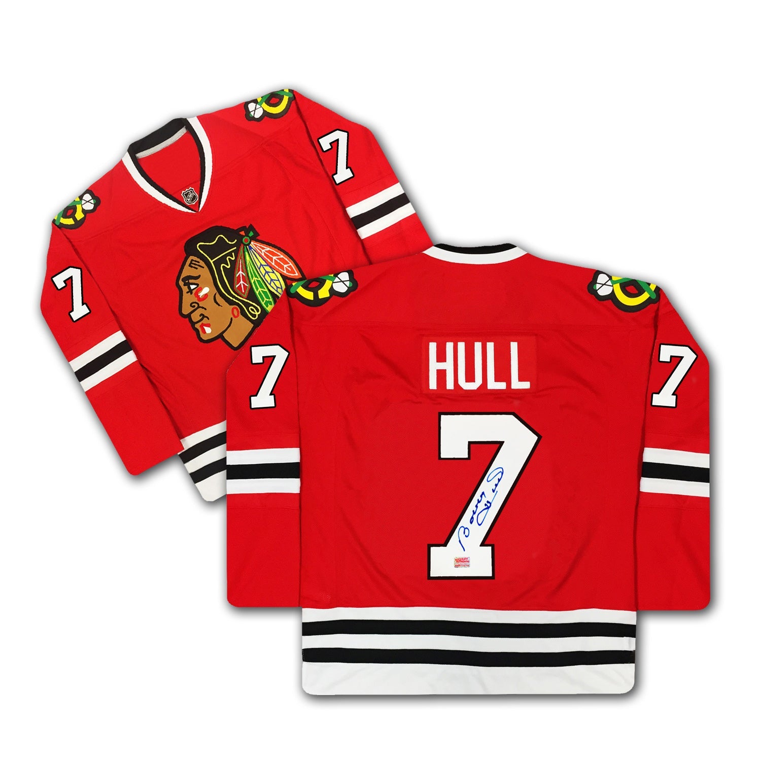 BOBBY HULL NUMBER 7 SIGNED RED CHICAGO BLACKHAWKS JERSEY
