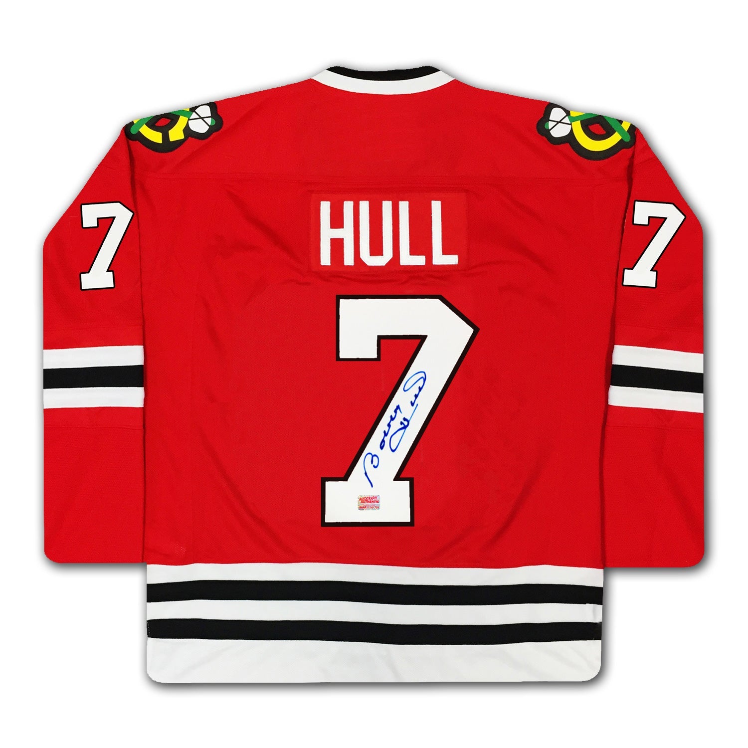 BOBBY HULL NUMBER 7 SIGNED RED CHICAGO BLACKHAWKS JERSEY