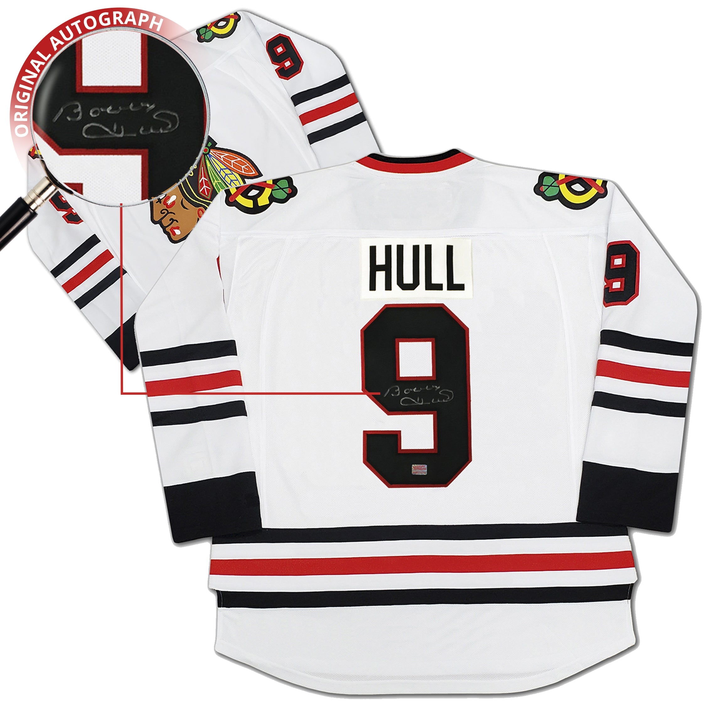 BOBBY HULL AUTOGRAPHED WHITE CHICAGO BLACKHAWKS JERSEY