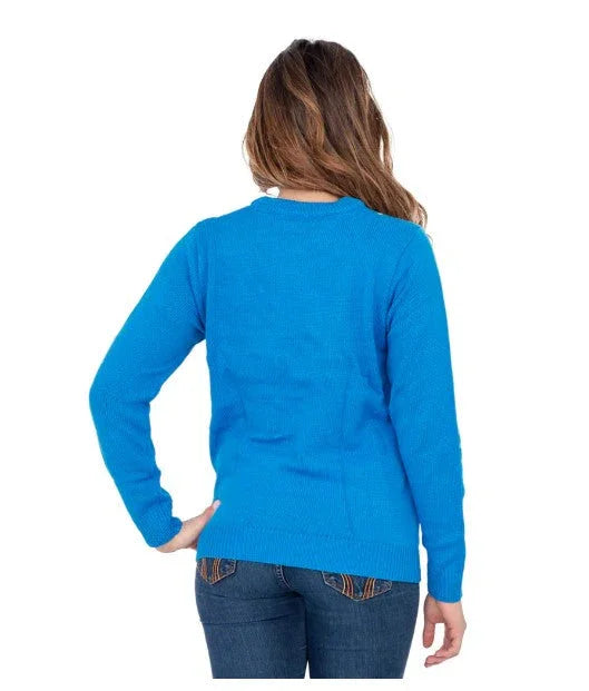 Woman wearing a blue sweater, back view, with casual jeans on white background.