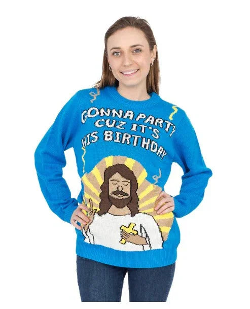 Woman wearing blue Jesus birthday party sweater with festive graphic and text