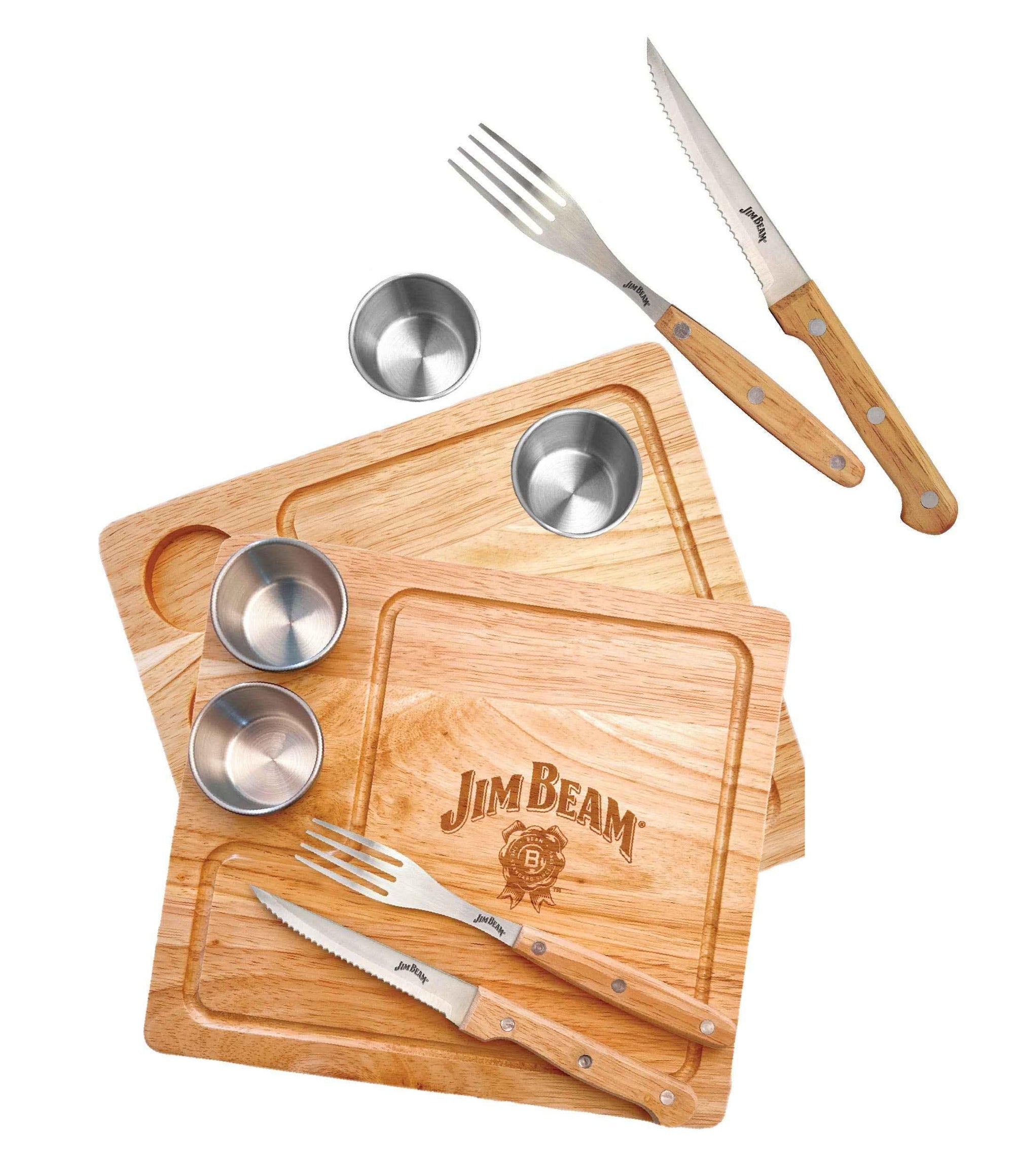Jim Beam wooden cutting boards with stainless steel cups, fork, and steak knife set