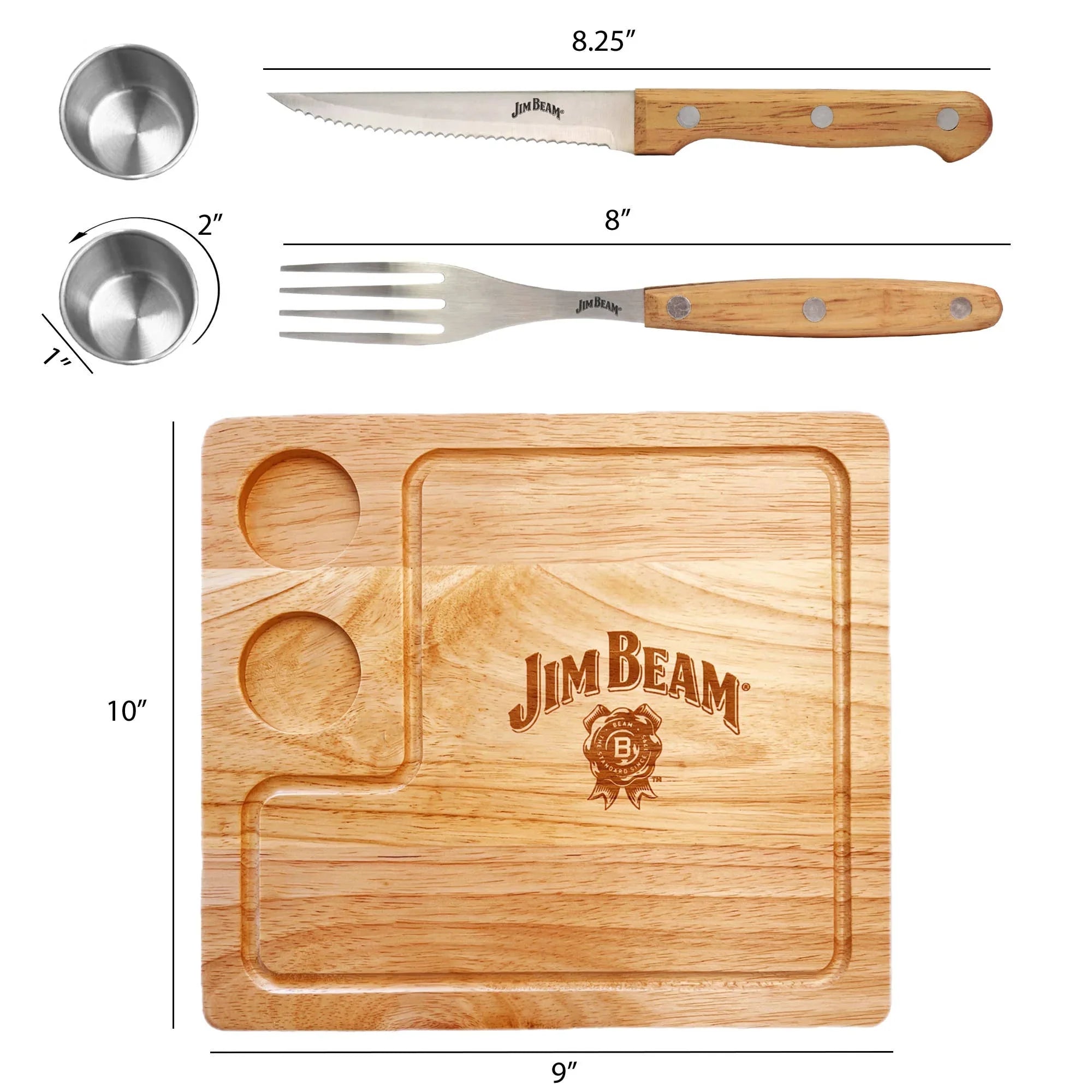 Jim Beam wooden serving board set with knife, fork, and two stainless sauce cups, labeled dimensions