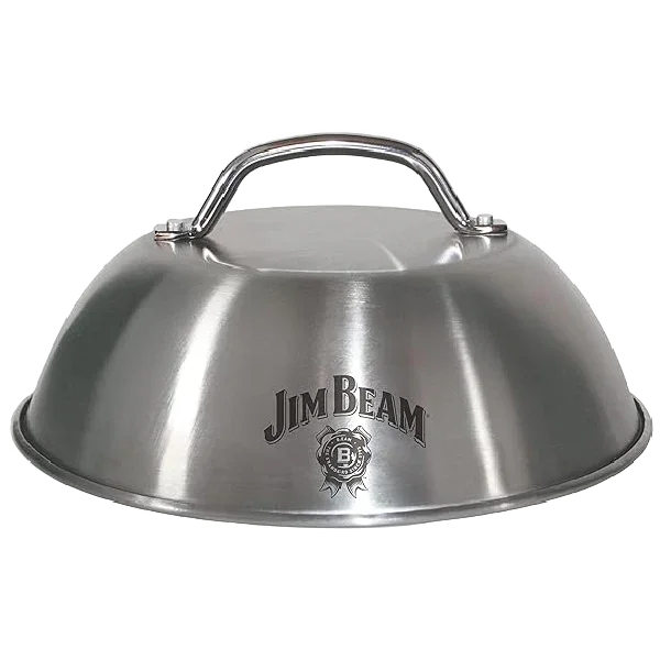 Jim Beam stainless steel burger cover dome with handle and logo, grilling accessory