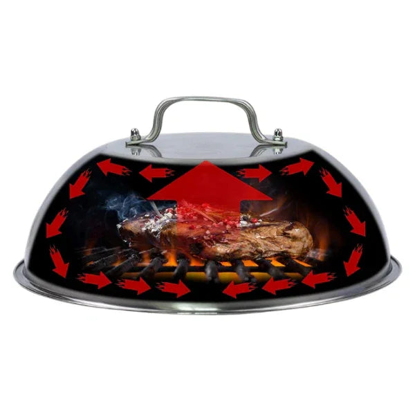 Grill dome covering sizzling steak on barbecue with heat circulation arrows, barbecue accessory