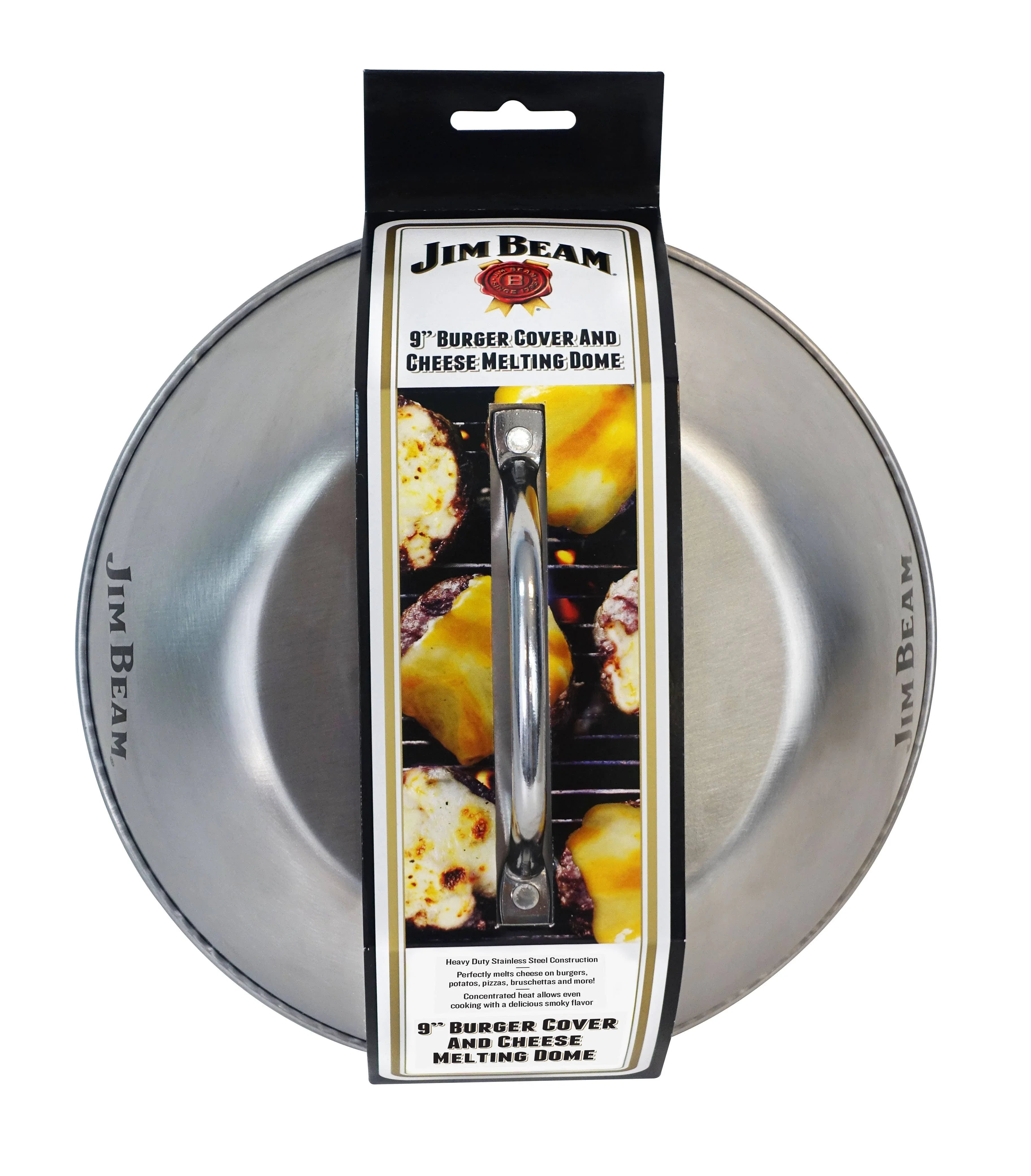 Jim Beam 9-inch stainless steel burger cover and cheese melting dome in retail packaging