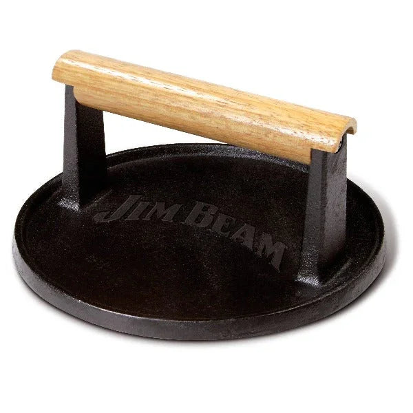 Jim Beam cast iron grill press with wooden handle on white background