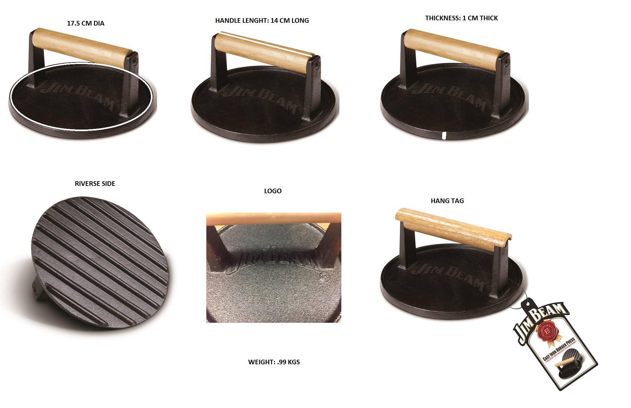 Jim Beam cast iron burger press with wooden handle, grooved bottom, logo, and product tag.