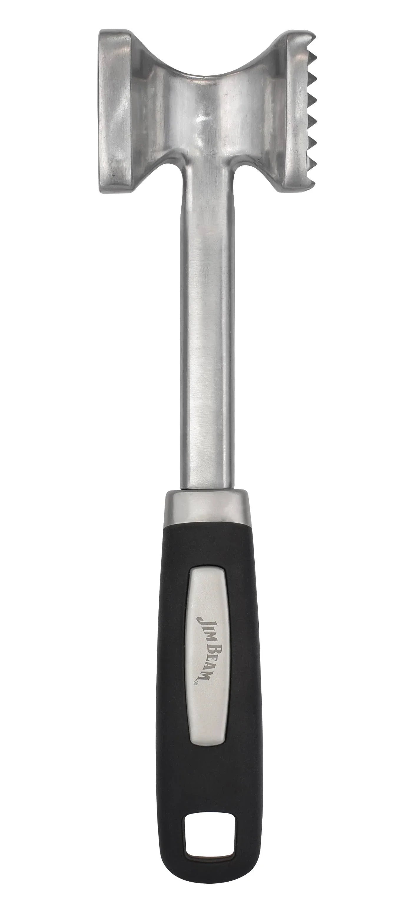 Jim Beam stainless steel meat tenderizer mallet with black ergonomic handle