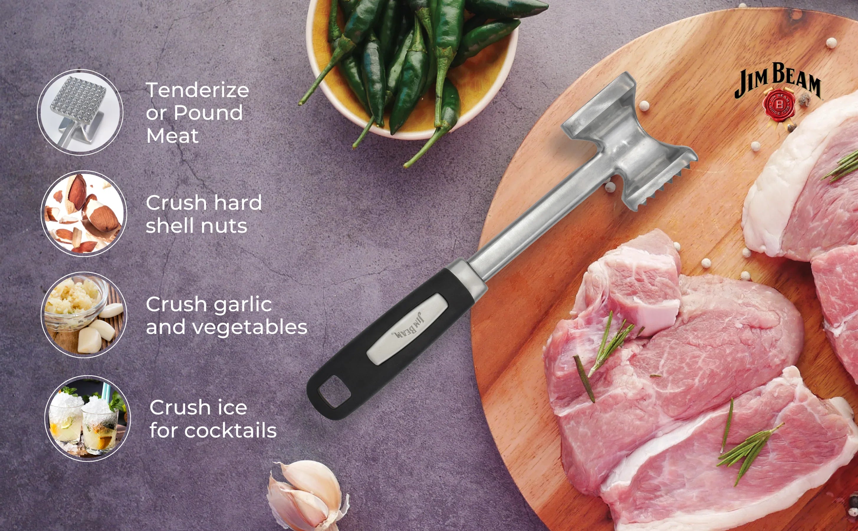 Jim Beam meat tenderizer on cutting board with raw meat, garlic, and green chilies nearby