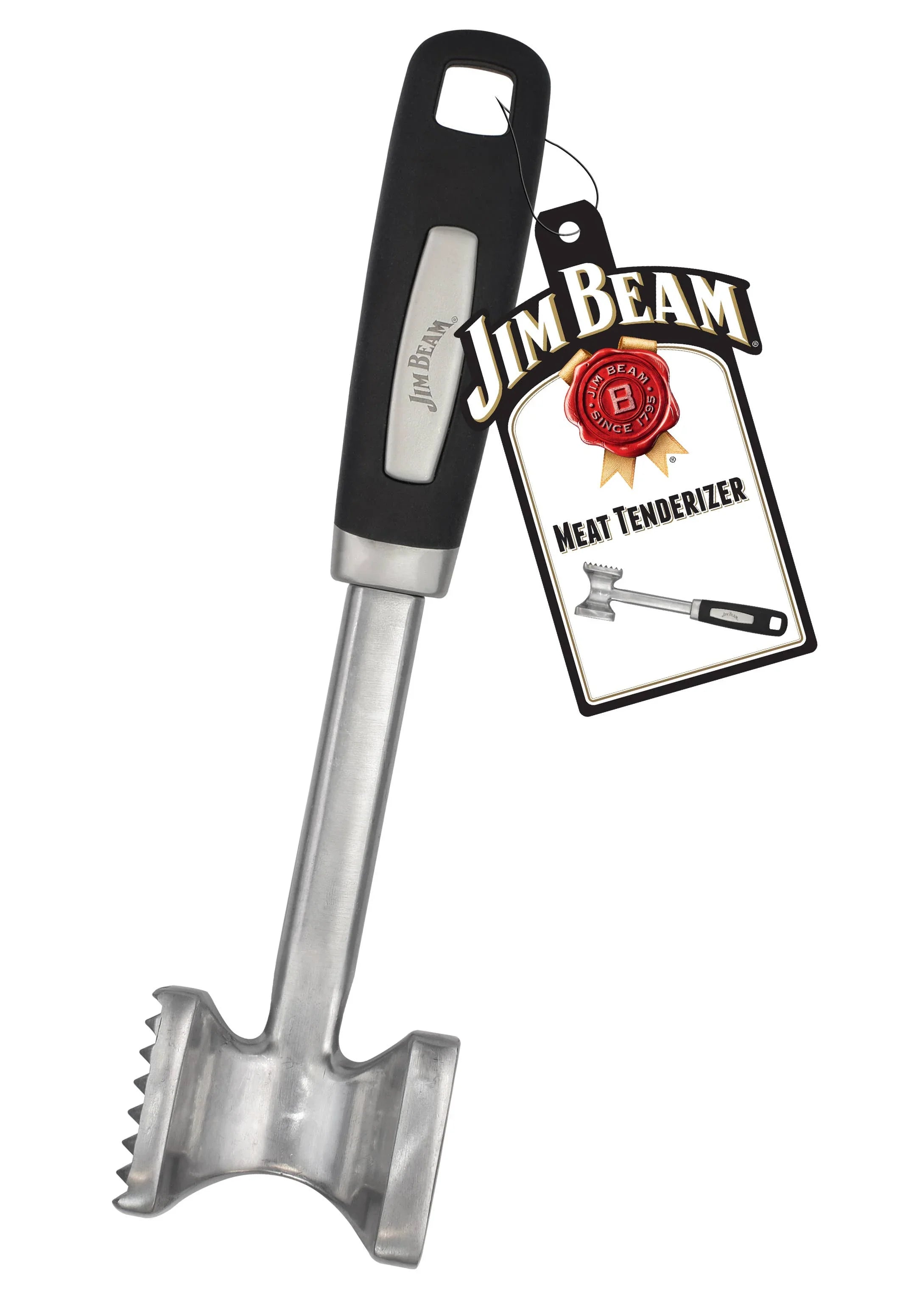 Jim Beam meat tenderizer with black handle and branded label on white background