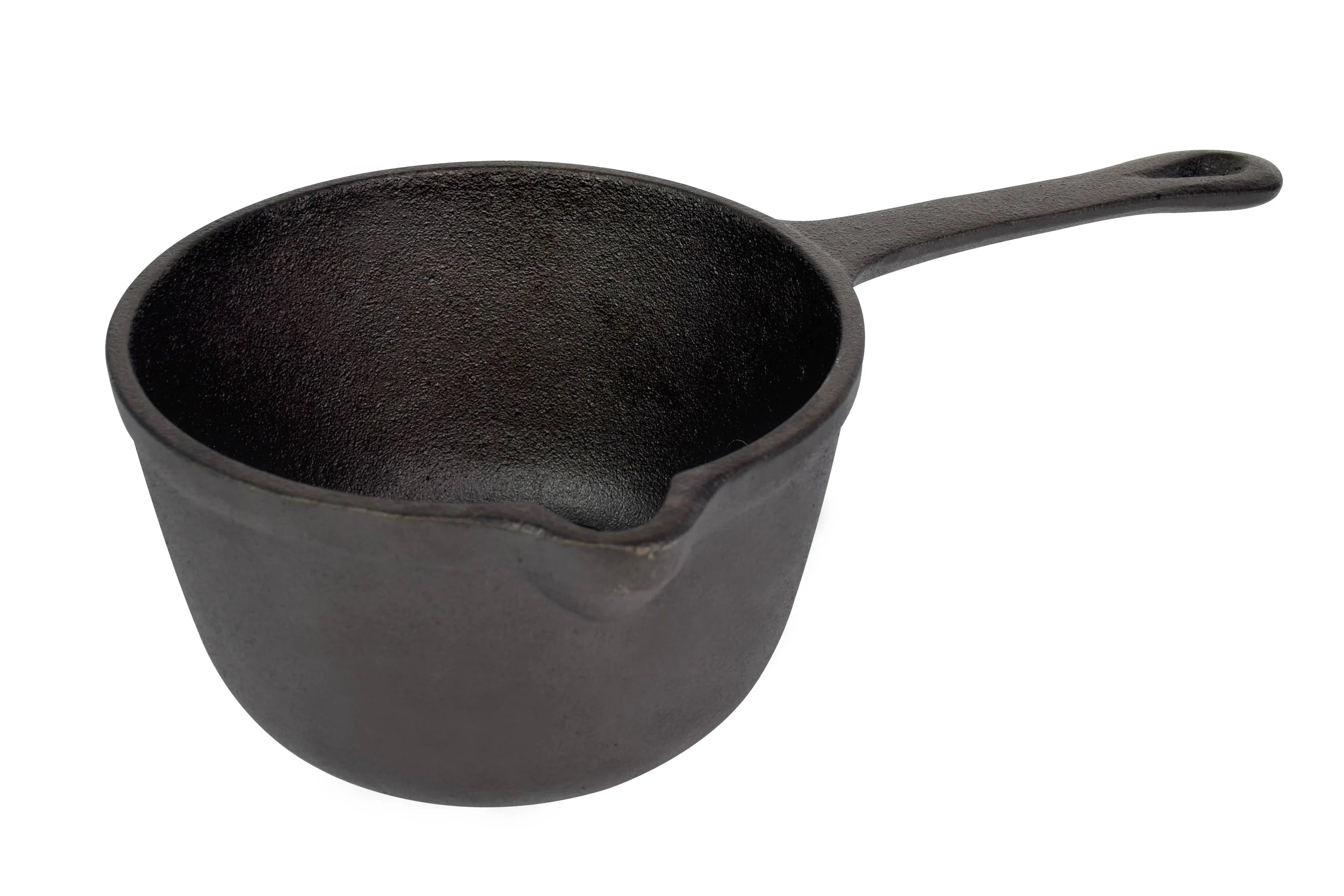 Cast iron sauce pan with handle and spout on white background
