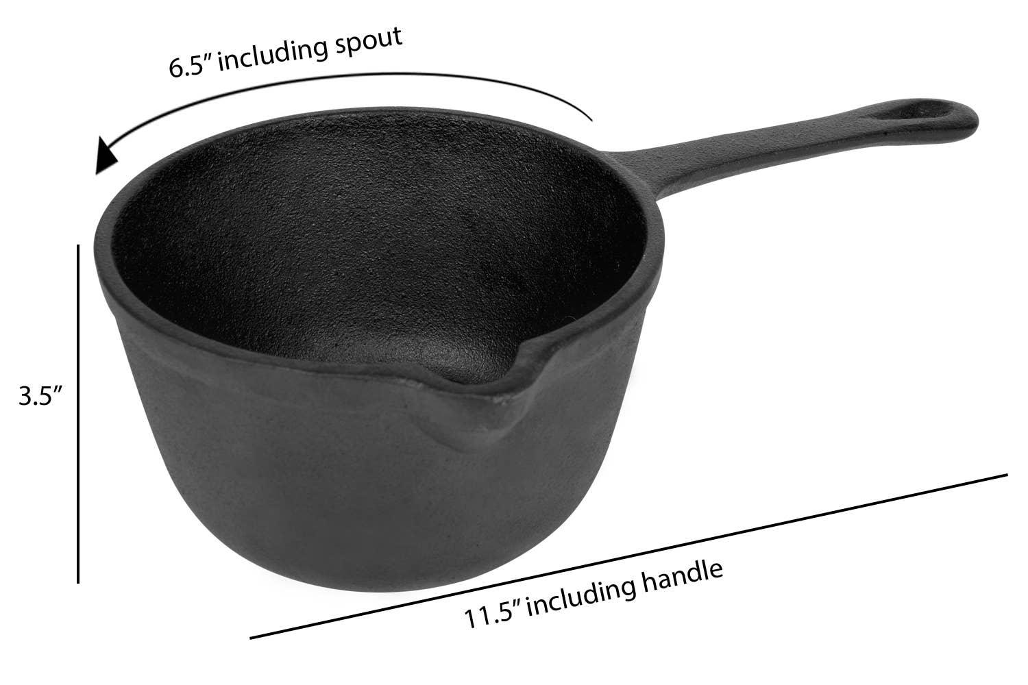 Black cast iron saucepan with spout and handle, labeled dimensions 6.5x11.5x3.5 inches.