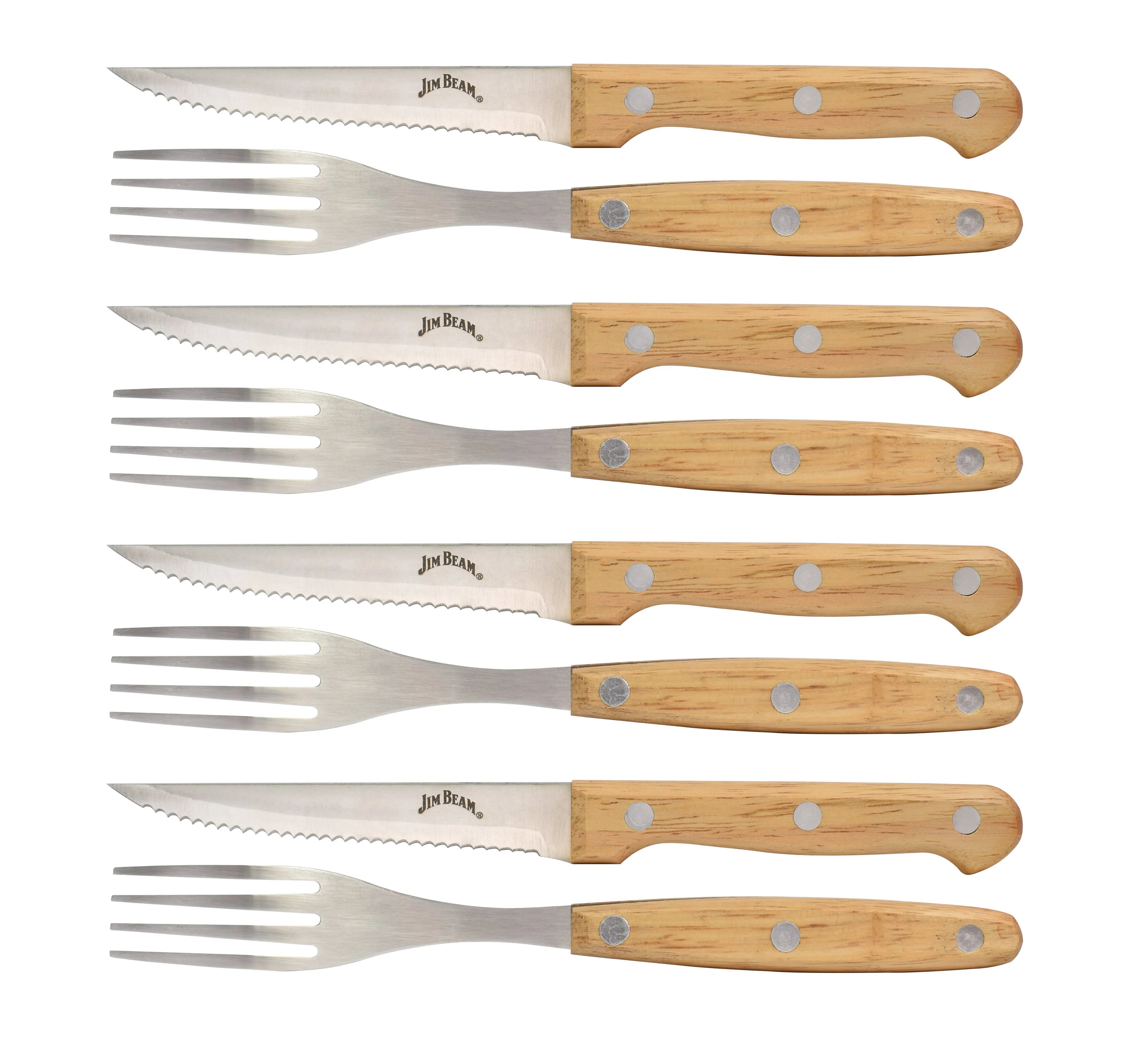 Jim Beam steak knives and forks set with wooden handles, stainless steel blades