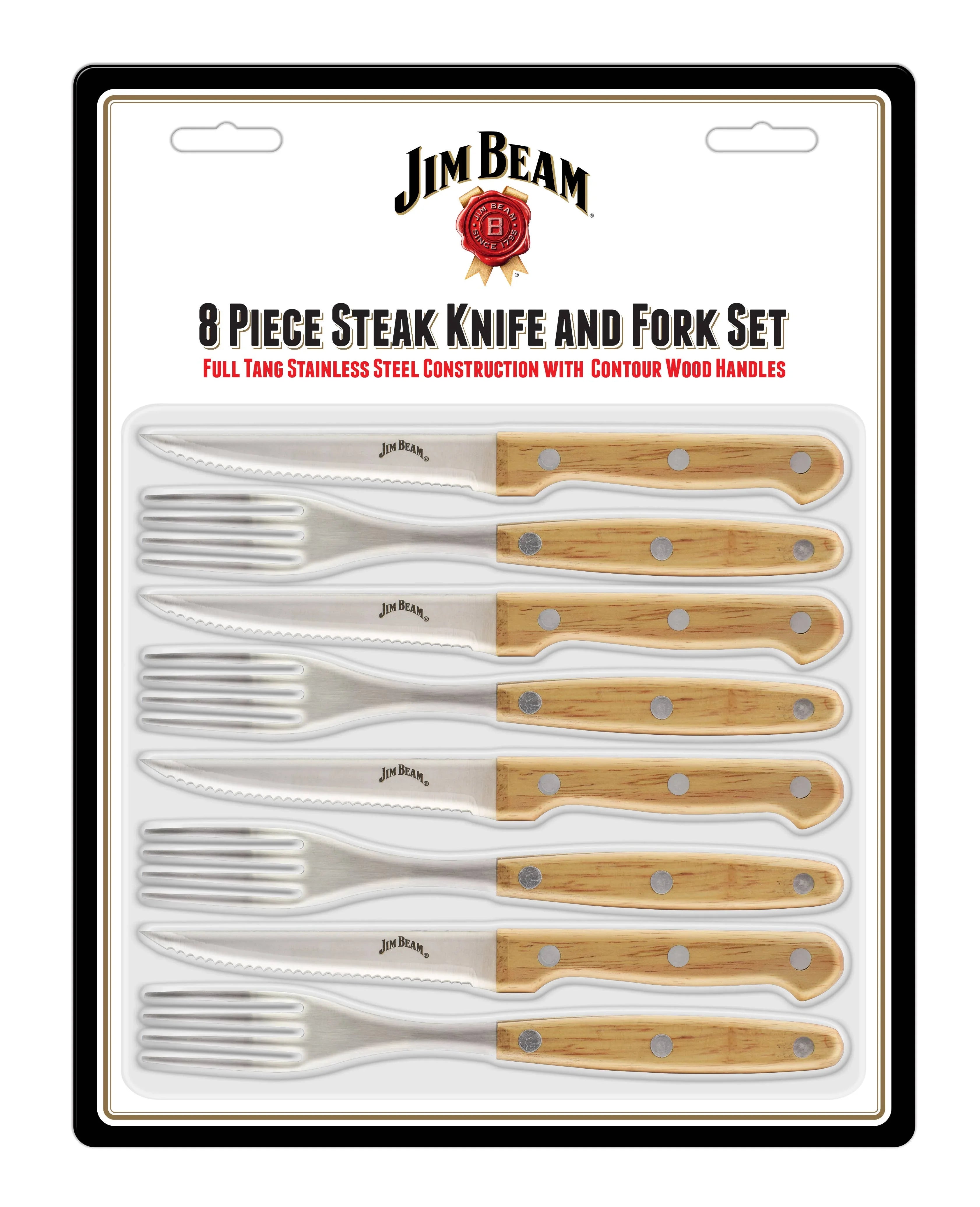 Jim Beam 8 piece steak knife and fork set with wood handles in retail packaging
