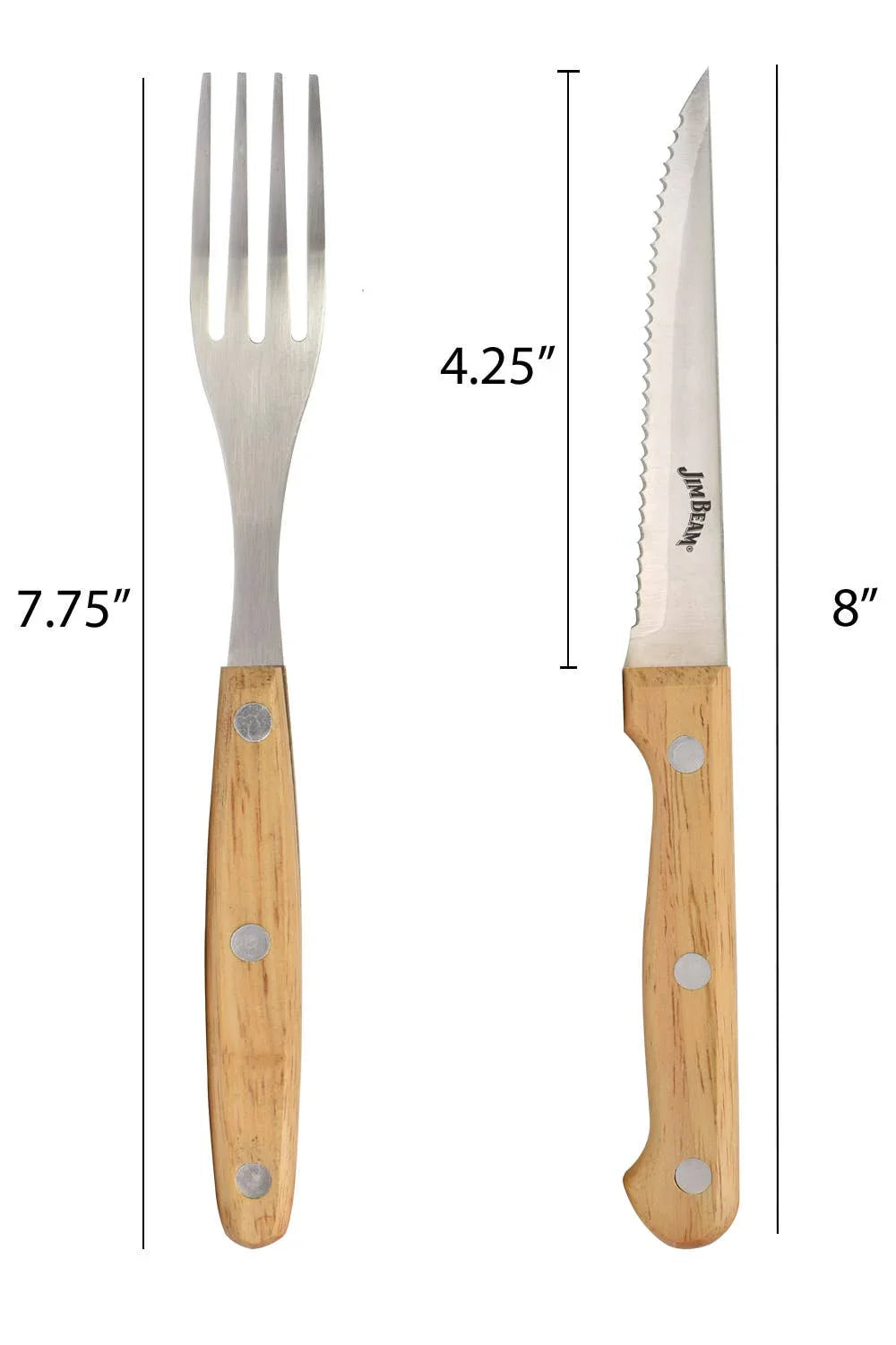 Steak knife and fork set with wood handles, 8 inch knife, 7.75 inch fork, stainless steel