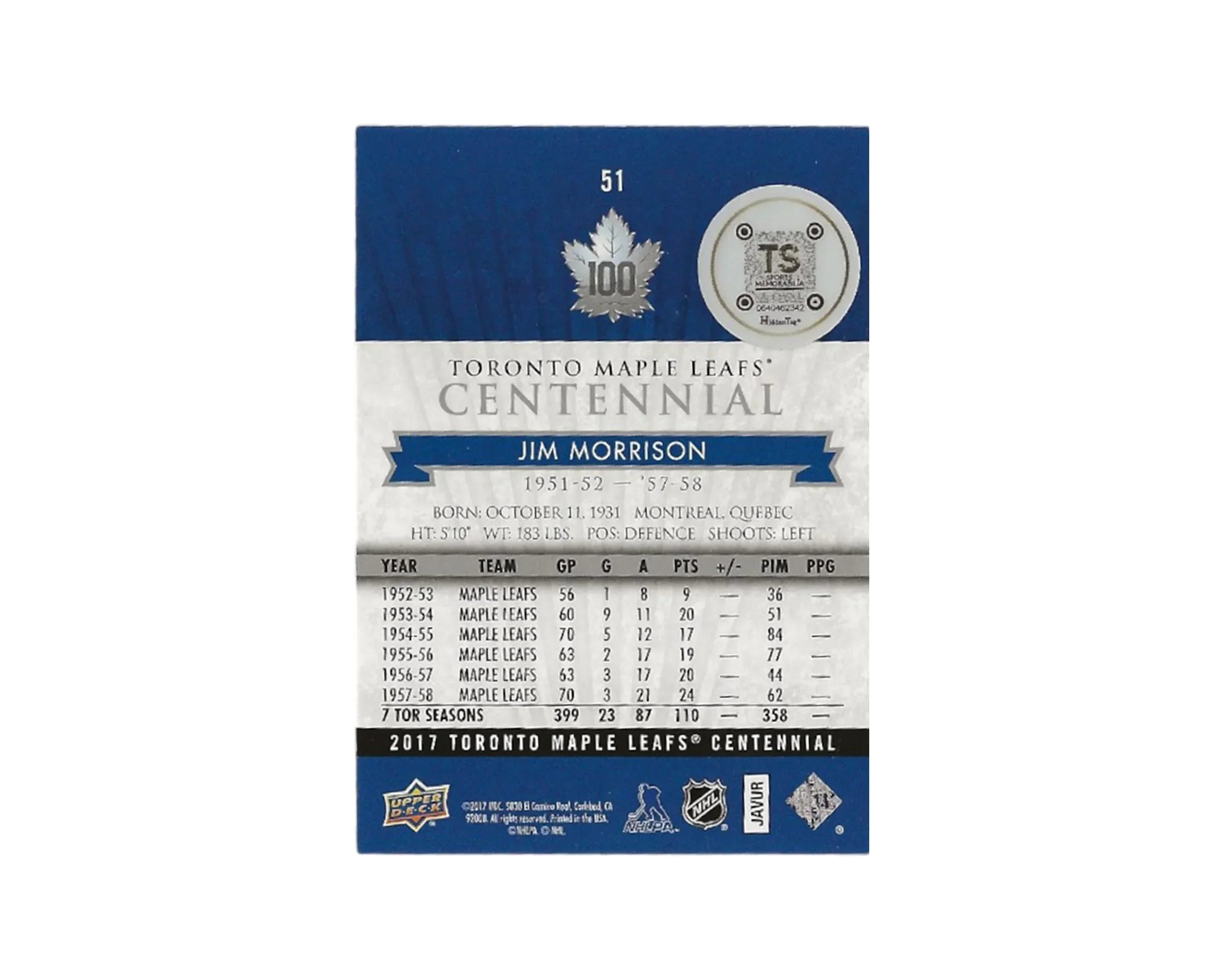Jim Morrison Autographed 2017 Upper Deck Toronto Maple Leafs Centennial #51 Hockey Card - Image 2