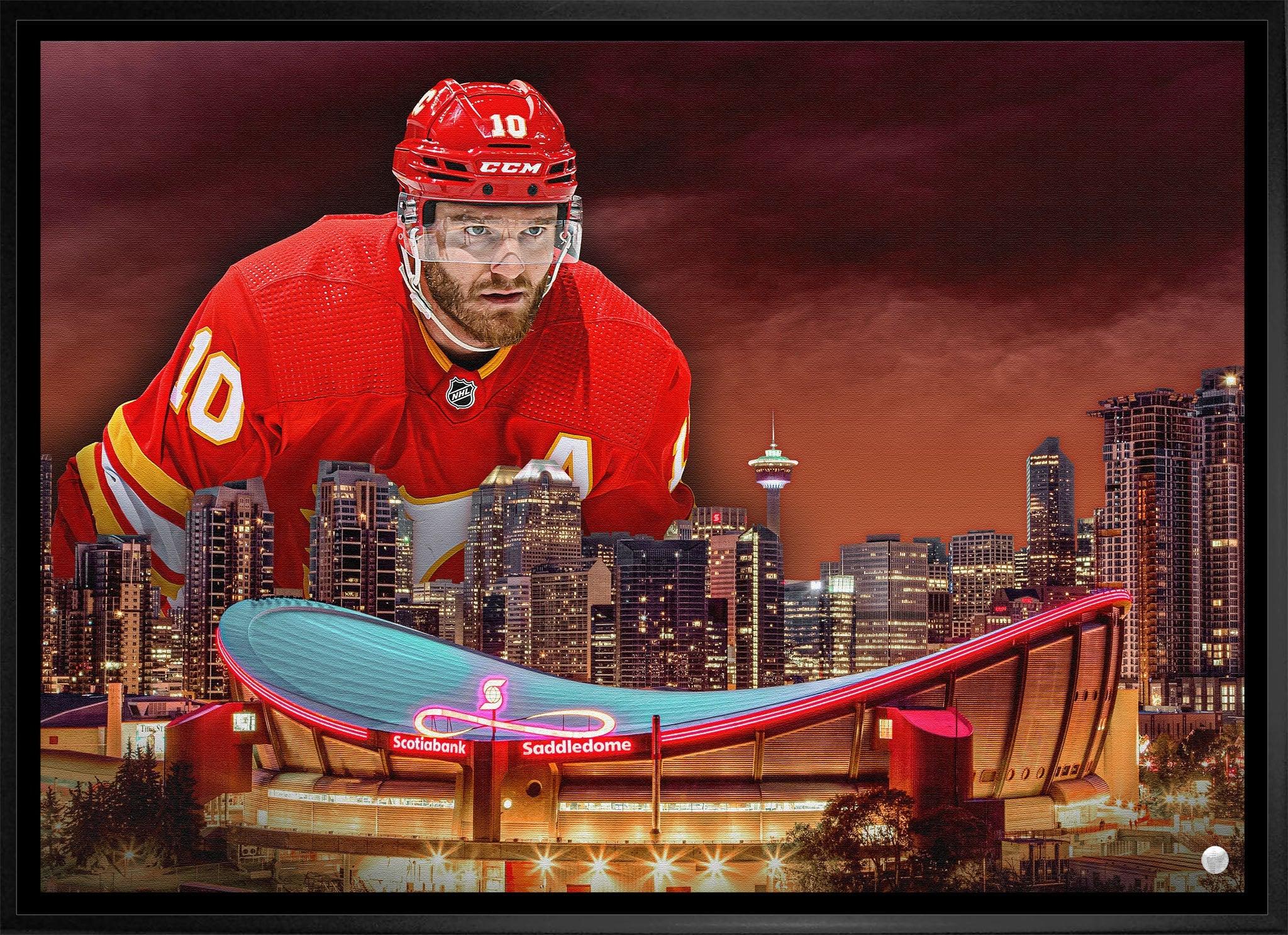 Calgary Flames hockey player in red jersey above Scotiabank Saddledome and city skyline